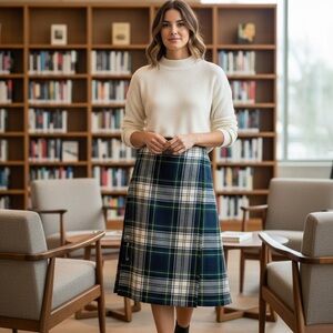 100% New Wool Kilt Ireland Midi Wrap Skirt 8 Green Blue Cobra Kilt Dark Academia